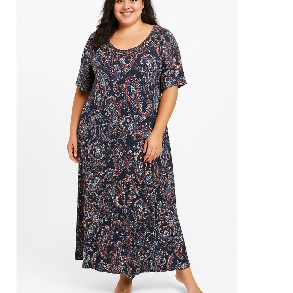 Catherines Colorful Paisley Beaded Short Sleeve Jersey A Line Maxi Dress Size 4X